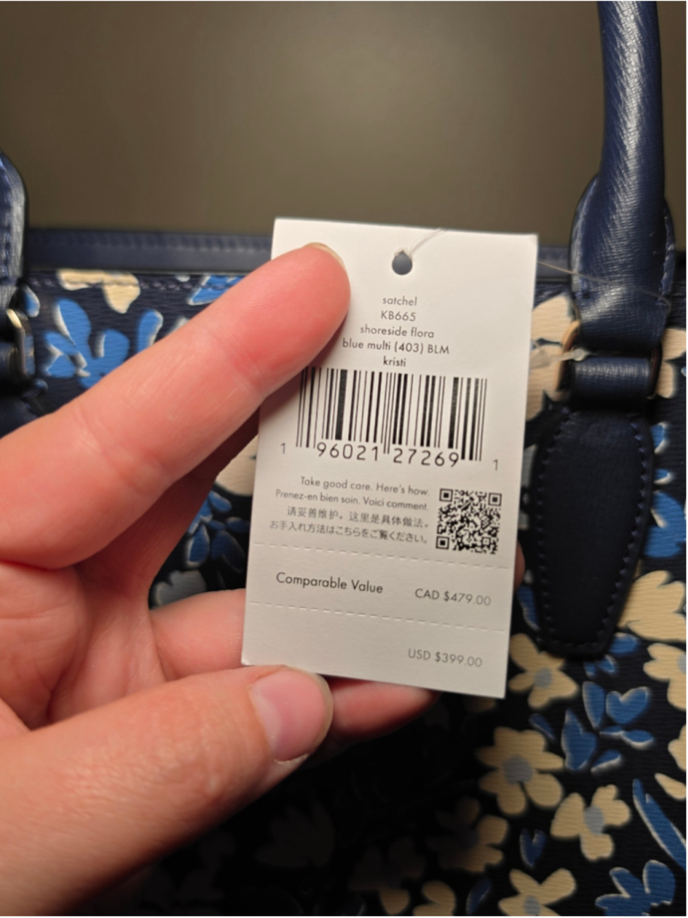 Kate Spade Floral Satchel Bag Blue and Cream - Picture 7 of 7